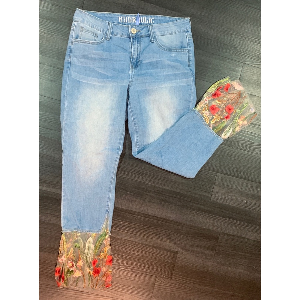 Hydraulic Floral Mesh Embroidered Jeans